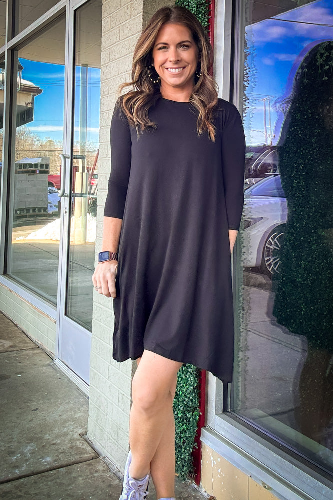 3/4 Sleeve Piko Swing Dress For Women-Black X-Large / Black