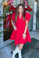 Puff Sleeve Mini Dress-Red