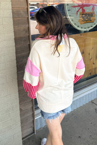 SALE-Casual Strolls Sweatshirt Top-Ecru/Pink