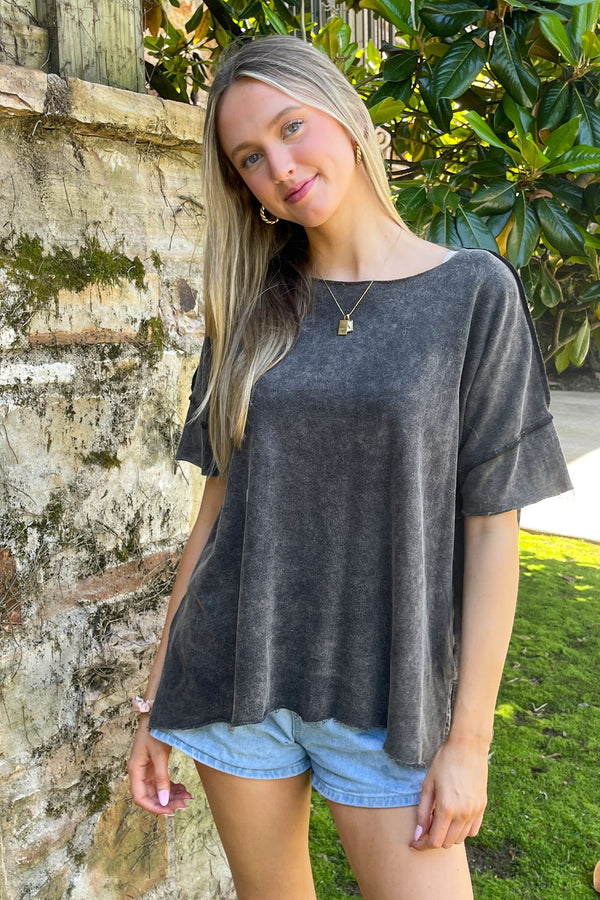 Zenana-Washed French Terry Drop Shoulder Raw Edge Top