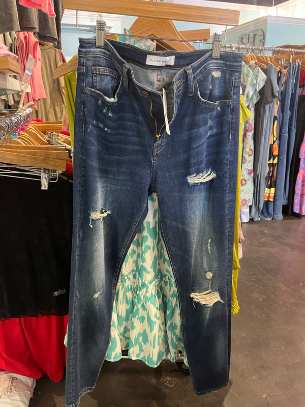 High Rise Distressed Crop Skinny Jeans - Blue Falls