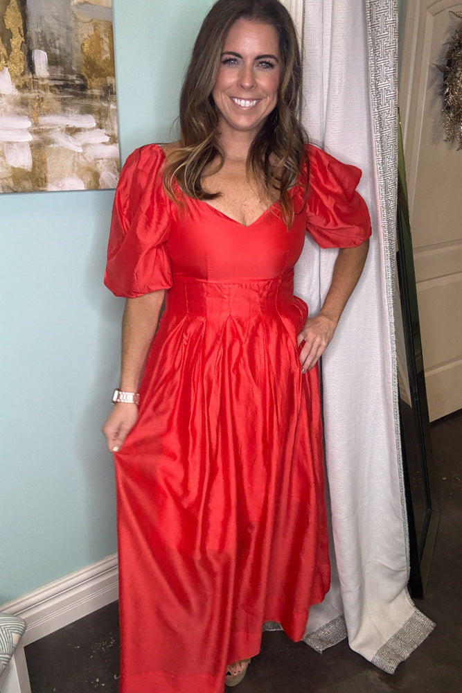 SALE-Sweetheart Neckline Maxi Dress-Tomato Red Medium
