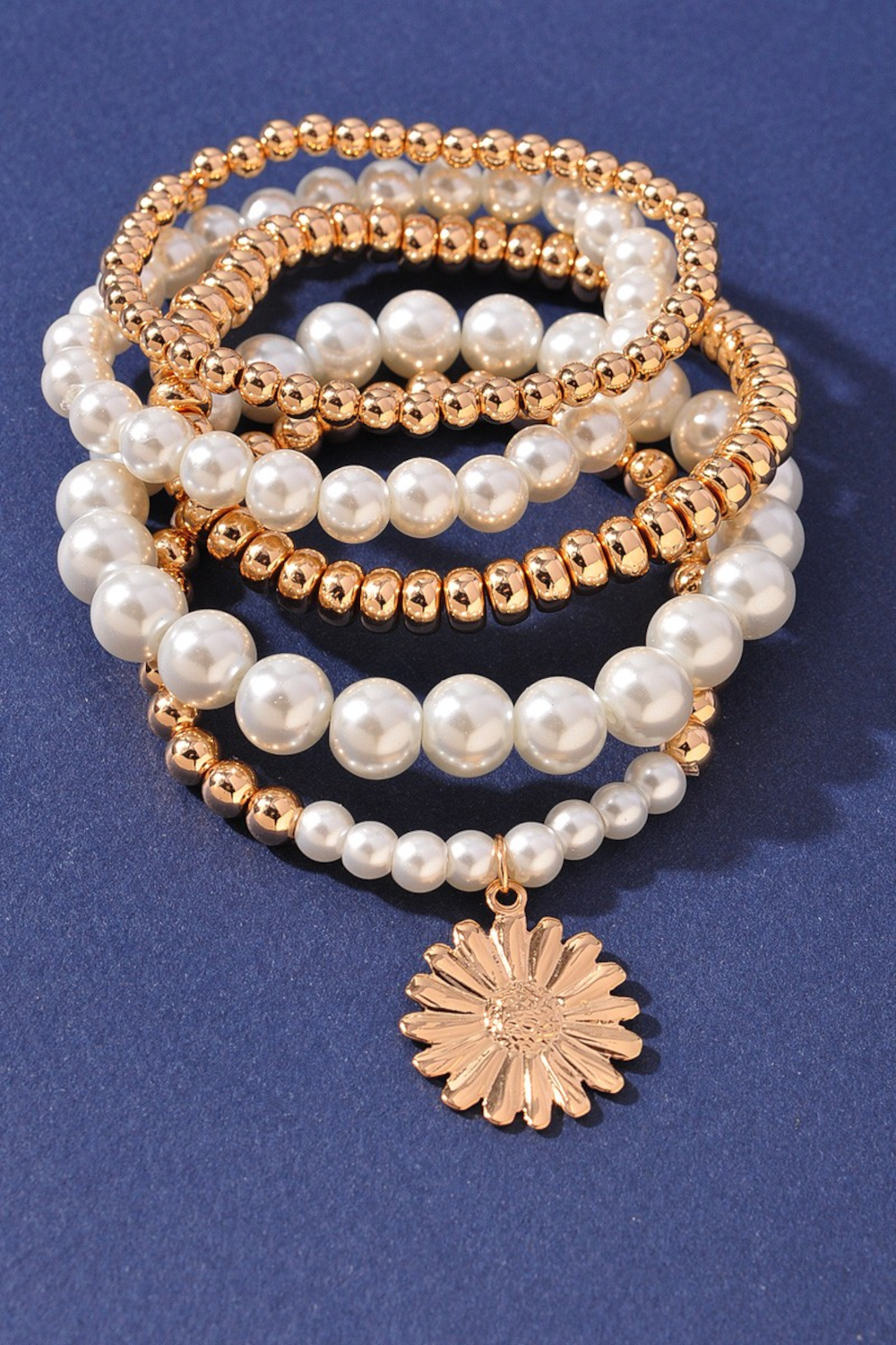 Pearl Beaded Sunflower Bracelet Set-Gold