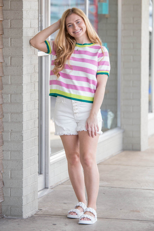 THML-Stripped Short Sleeve Top-Pink