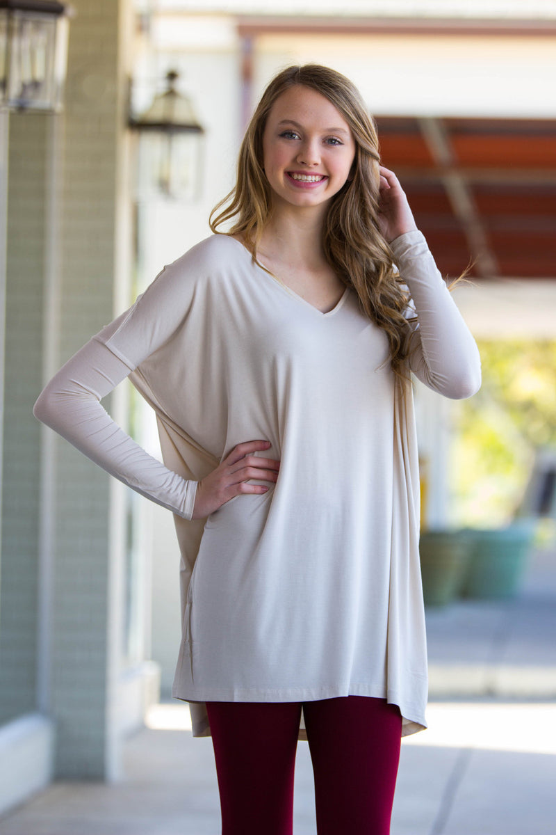 The Perfect Piko V-Neck Tunic Top-Beige