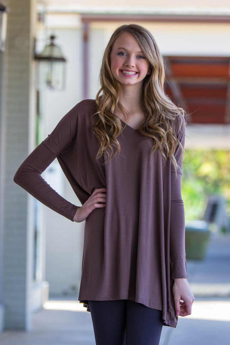 SALE-The Perfect Piko V-Neck Tunic Top-Brown