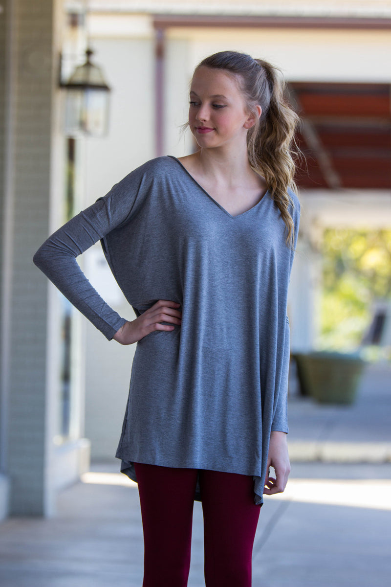 SALE-The Perfect Piko V-Neck Tunic Top-Heather Grey