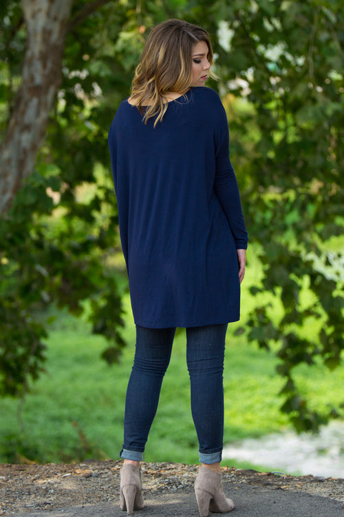 SALE-The Perfect Piko V-Neck Tunic Top-Navy
