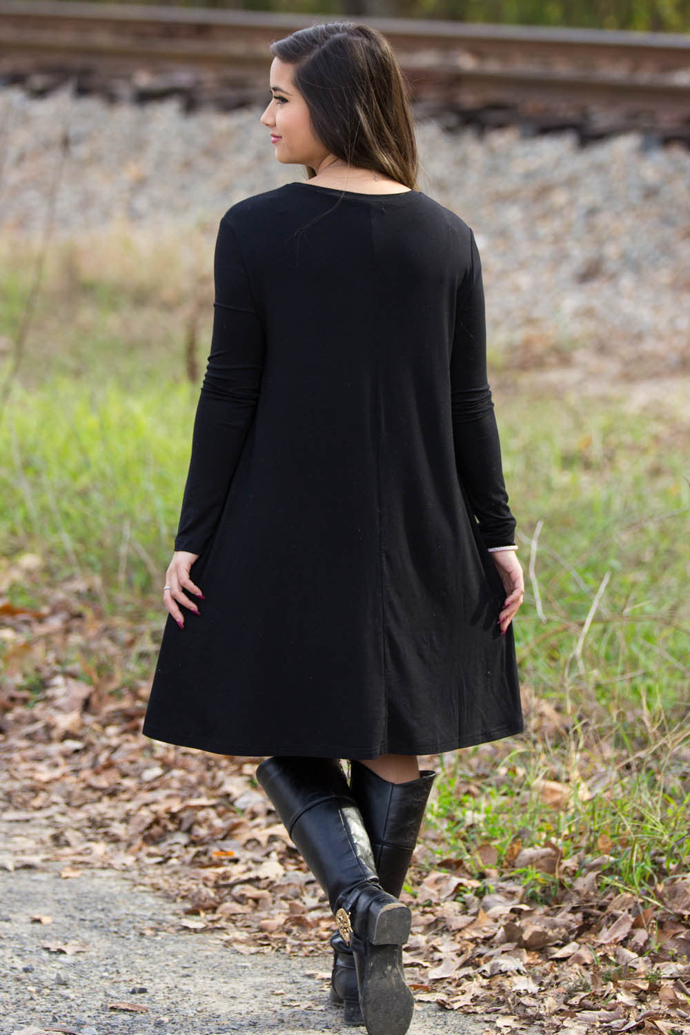 SALE-The Perfect Piko Long Sleeve Swing Dress-Black