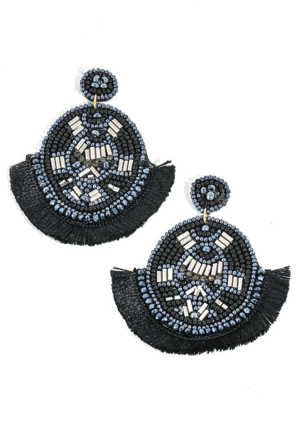 Beaded Round Tassel Earrings-Black