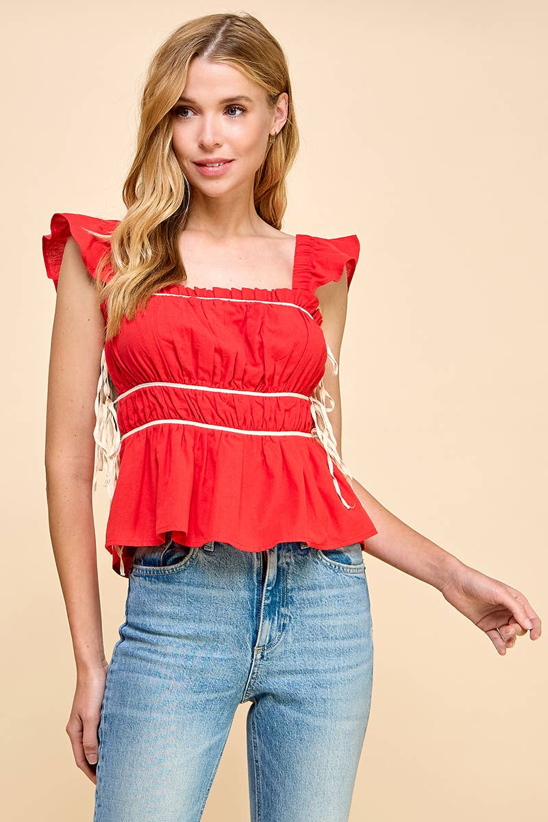 SALE-Ruched Detail Ruffled Straps Top-Red