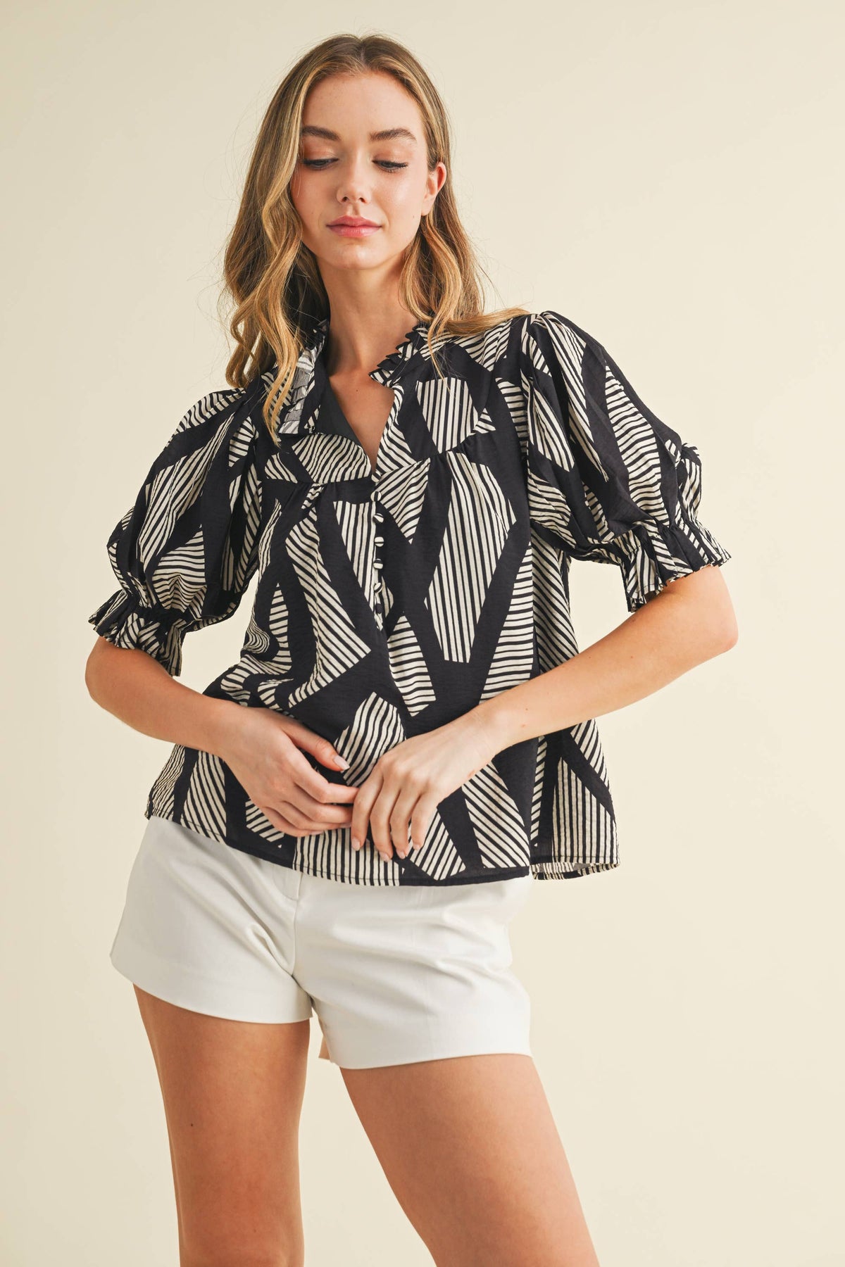 SALE-Geometric Stripes Print Puff Sleeve Blouse-Black