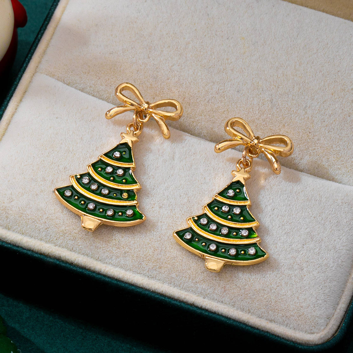 Christmas Tree & Bow Dangle Earrings-Gold