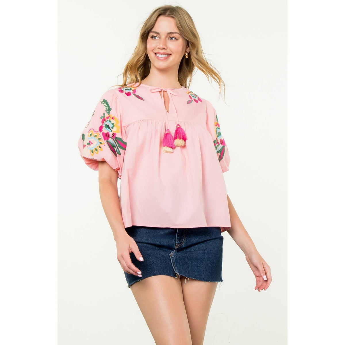 THML - Embroidered Detail Puff Sleeve Top-Pink