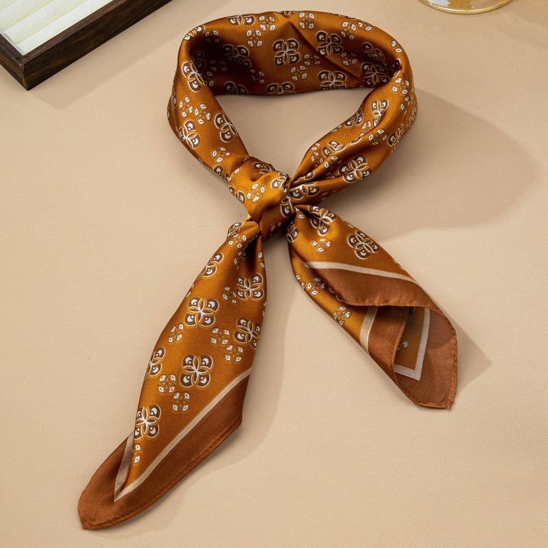 Geometric Tile Motif Color-Block Silky Scarf-Brown
