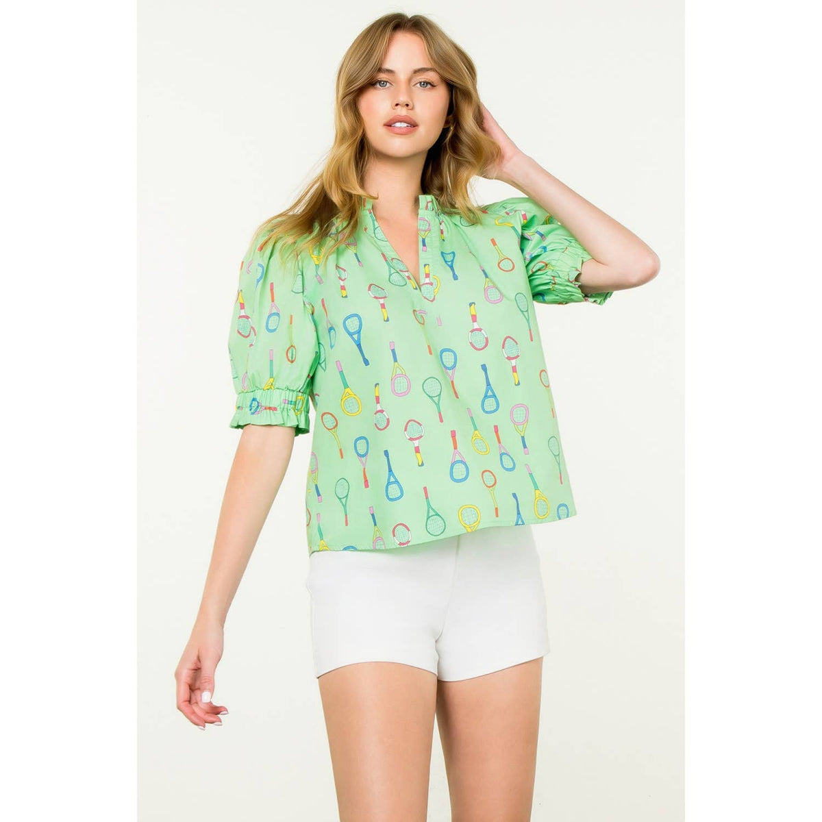 THML - Tennis Racket Print V-Neck Top-Lime
