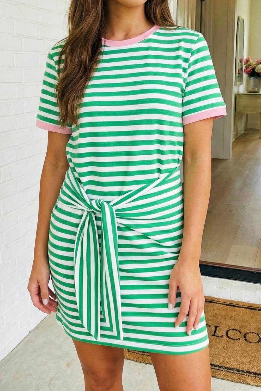 Striped Tie Pocket Mini Dress-Sky Blue Stripe