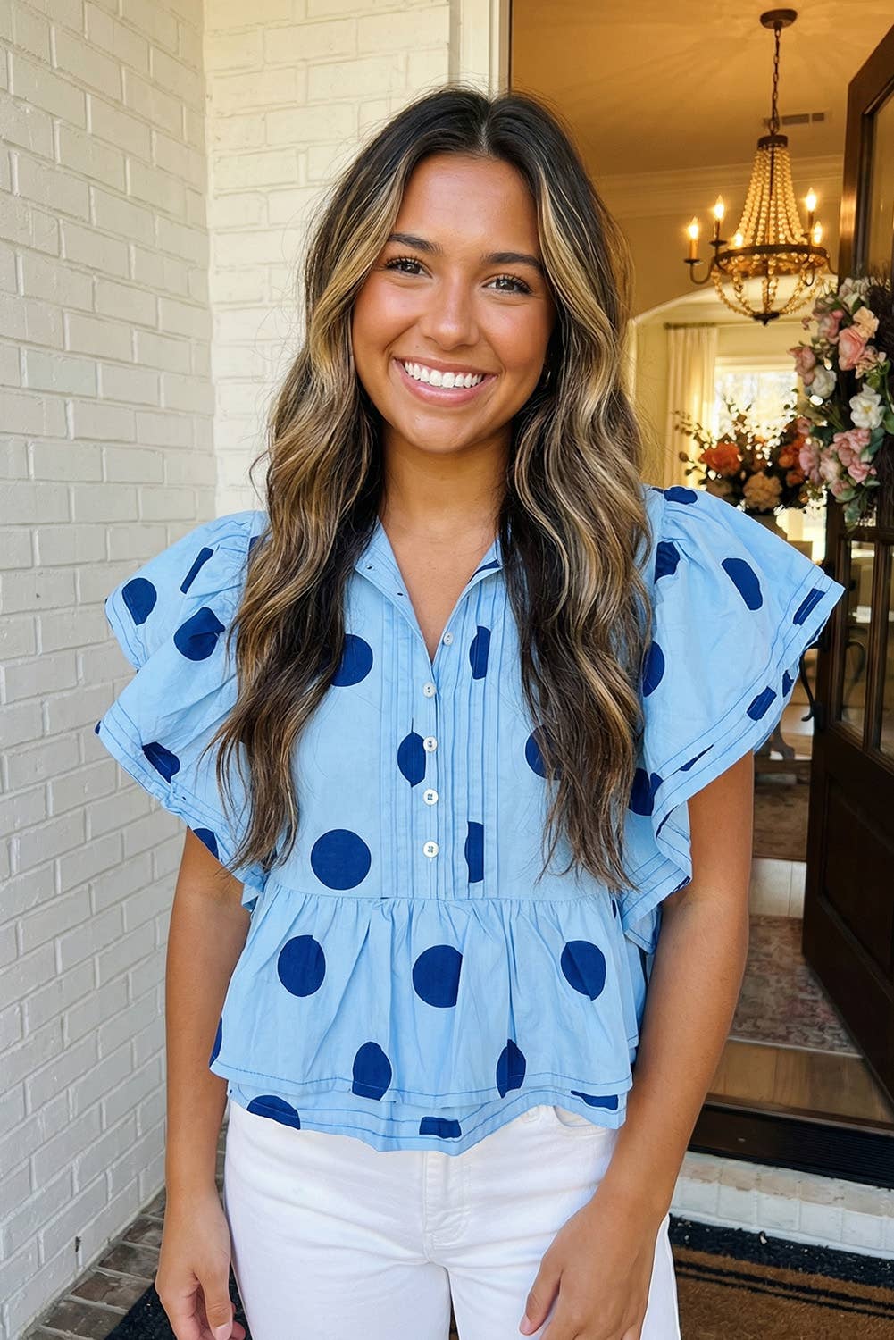 Polka Dot Print Ruffled Buttoned Collared Blouse-Sky Blue
