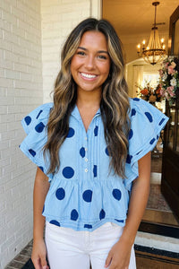 Polka Dot Print Ruffled Buttoned Collared Blouse-Sky Blue