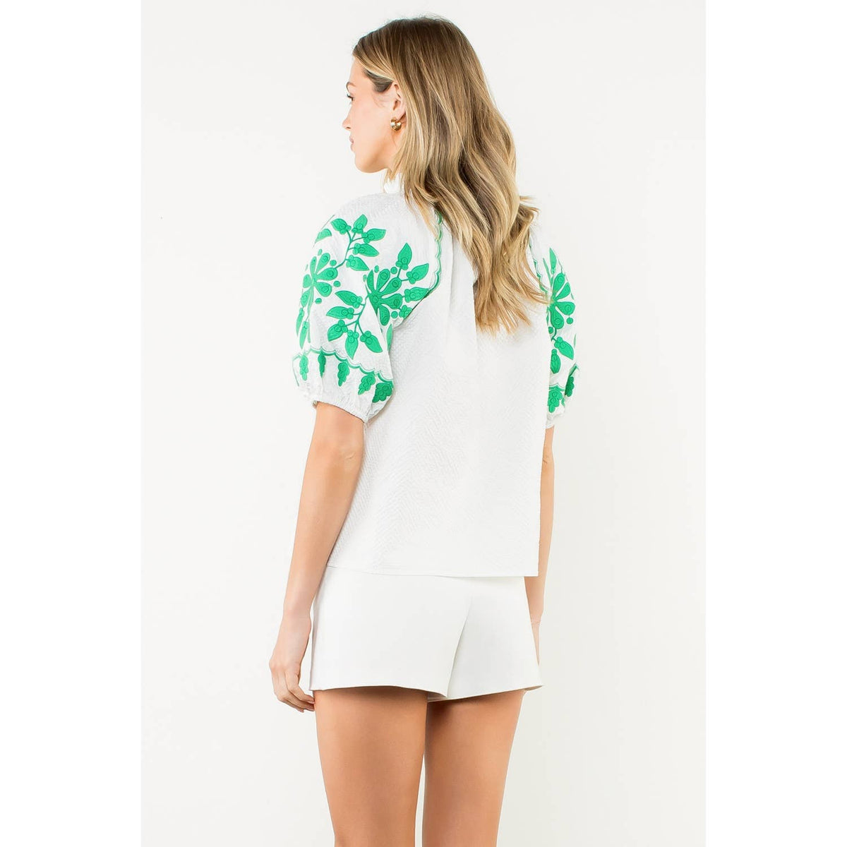 THML - Embroidered Smocked Neck Puff Top-White