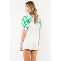 THML - Embroidered Smocked Neck Puff Top-White