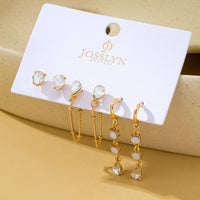 Crystal Stud & Linear Opal Drop Trio Earring Set-Gold