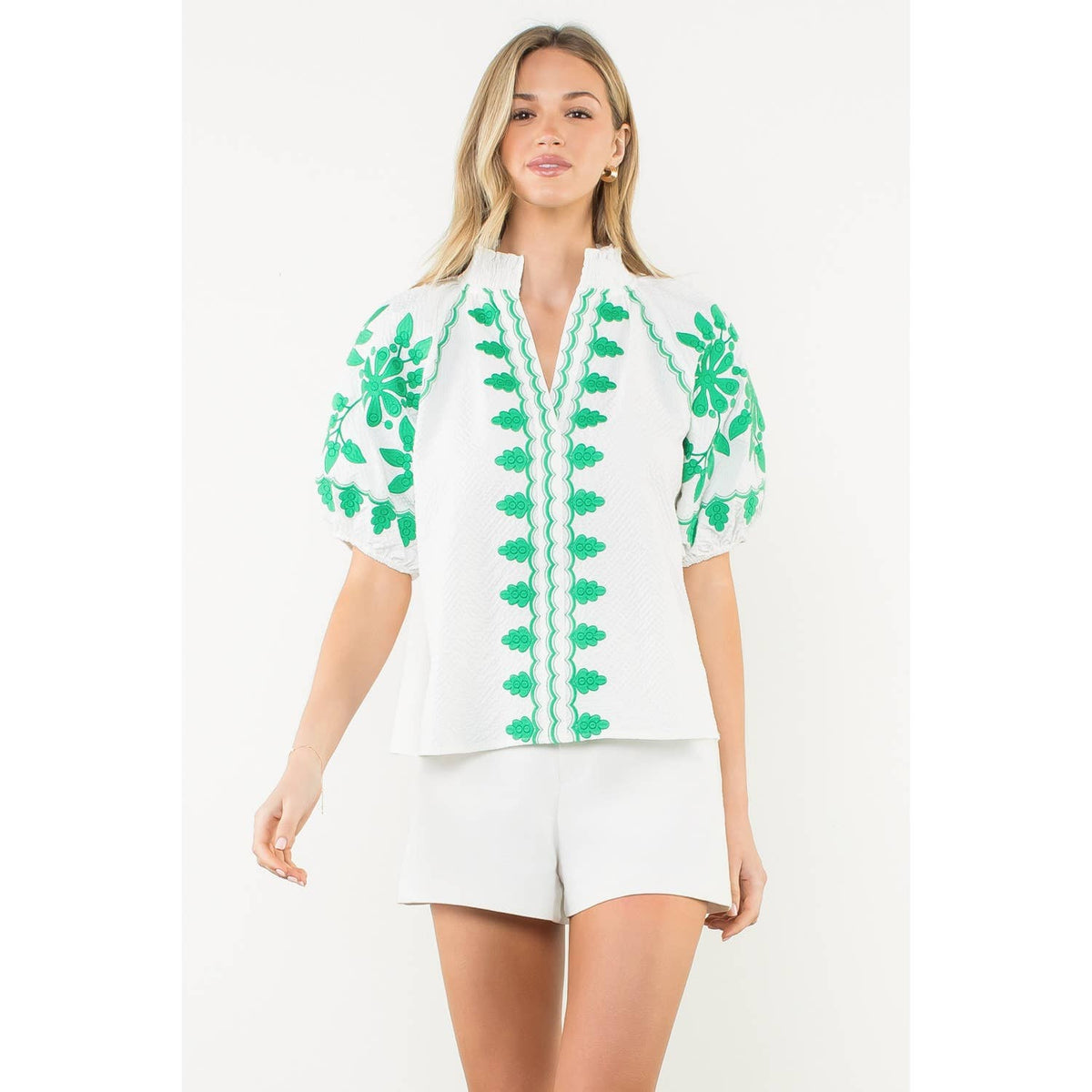 THML - Embroidered Smocked Neck Puff Top-White