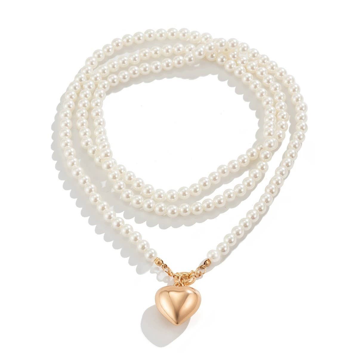 Multi Wrap Pearl Beaded Heart Charm Necklace - Gold