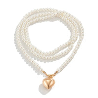 Multi Wrap Pearl Beaded Heart Charm Necklace - Gold