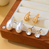 Teardrop Crystal Gold Pearl Trio Stud Earring Set-Gold