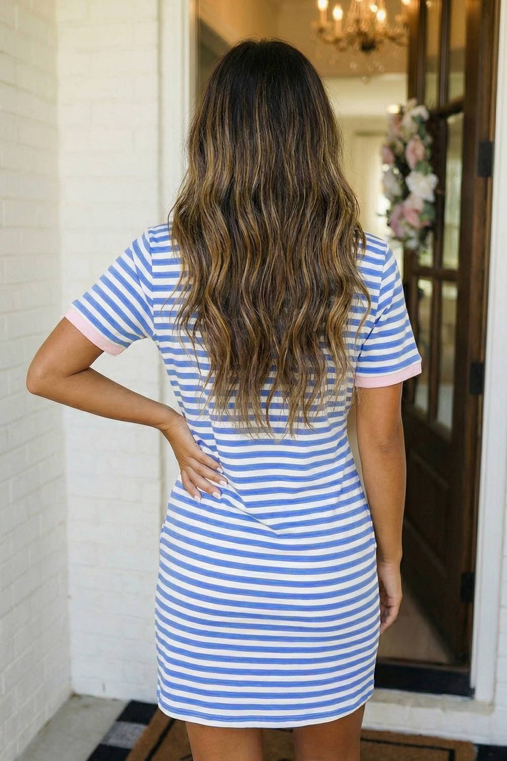 Striped Tie Pocket Mini Dress-Sky Blue Stripe