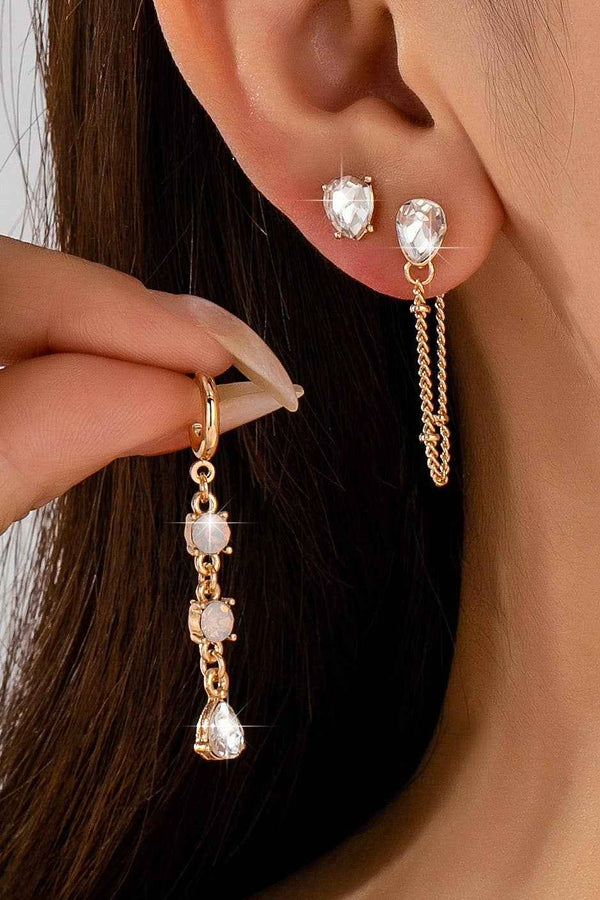 Crystal Stud & Linear Opal Drop Trio Earring Set-Gold