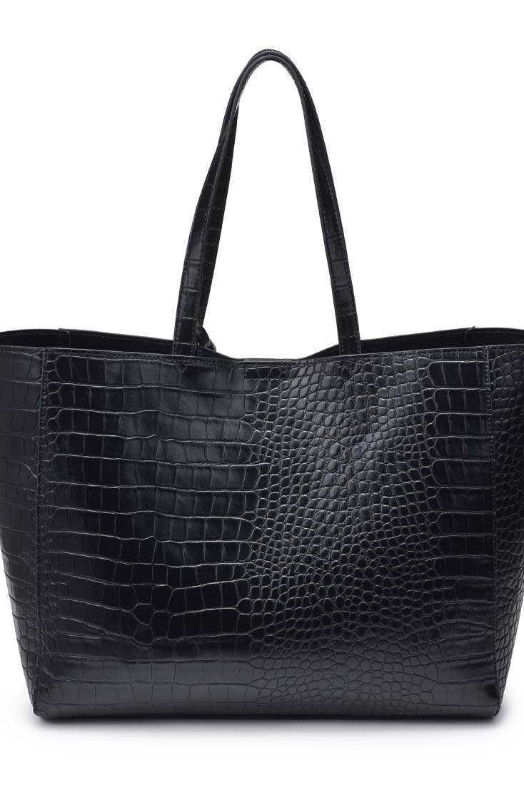 Black crocodile-patterned tote bag on a white background