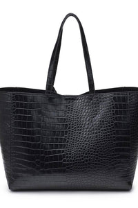 Black crocodile-patterned tote bag on a white background