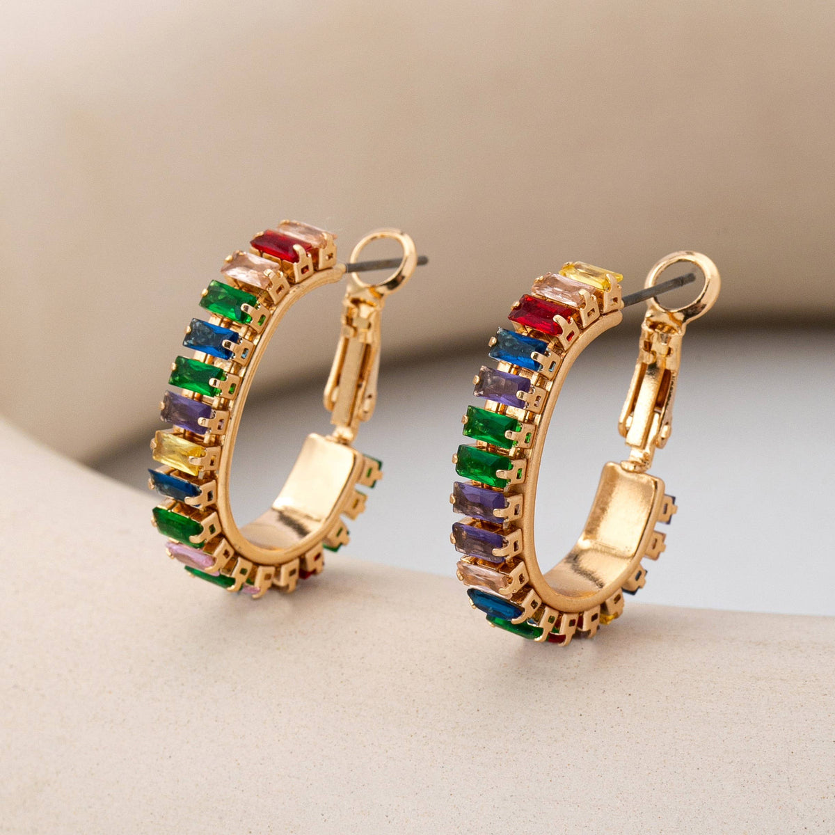 Multicolor Baguette Crystal Hoop Earrings-Gold