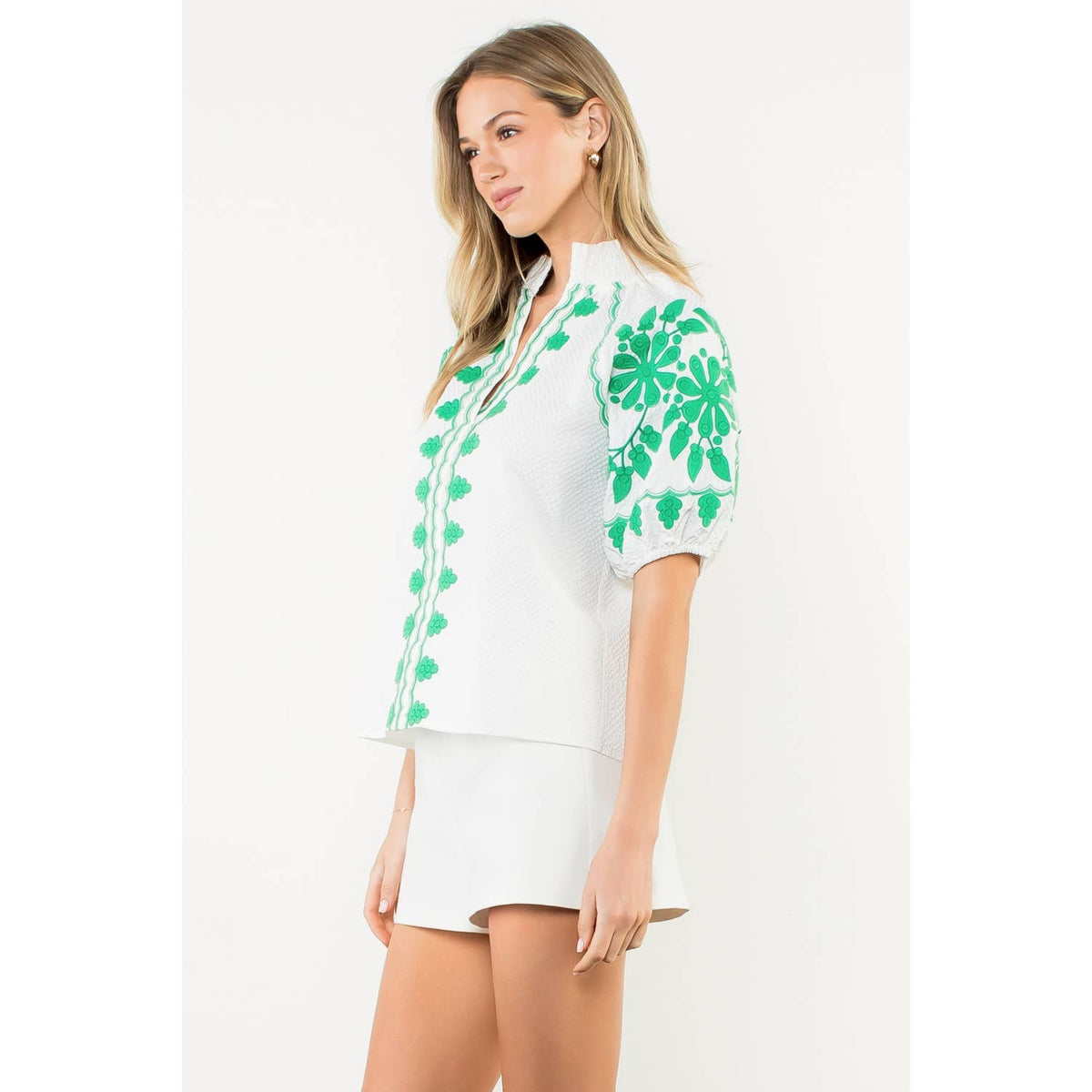 THML - Embroidered Smocked Neck Puff Top-White
