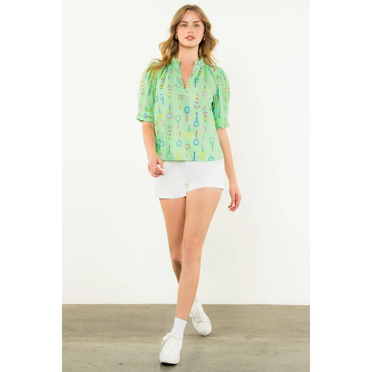 THML - Tennis Racket Print V-Neck Top-Lime