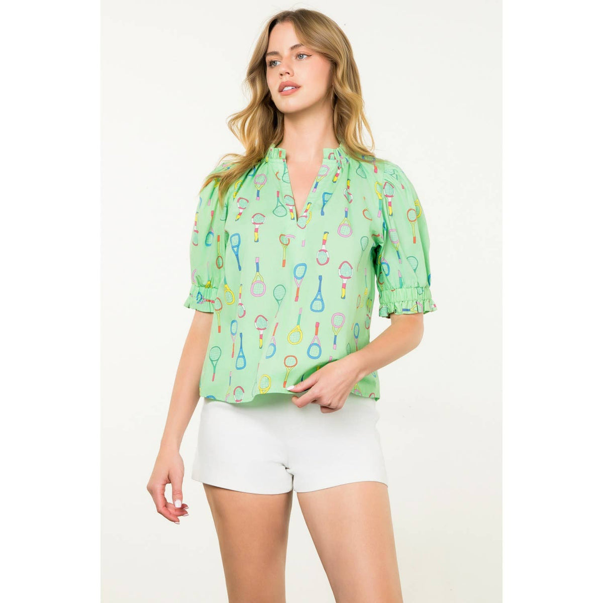 THML - Tennis Racket Print V-Neck Top-Lime