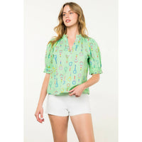 THML - Tennis Racket Print V-Neck Top-Lime