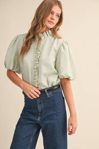 Striped Ruffled Button Down Top-Seafoam