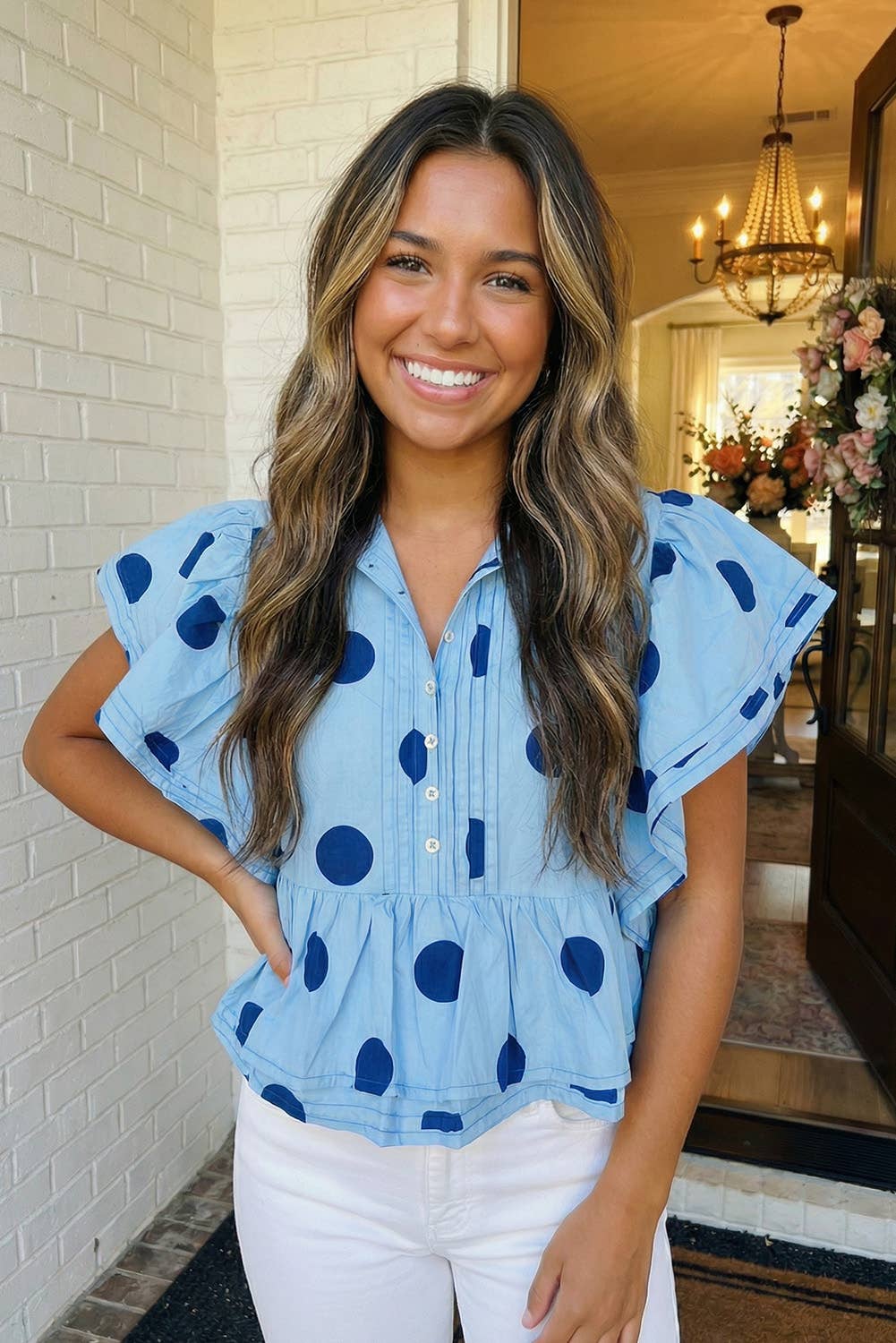 Polka Dot Print Ruffled Buttoned Collared Blouse-Sky Blue