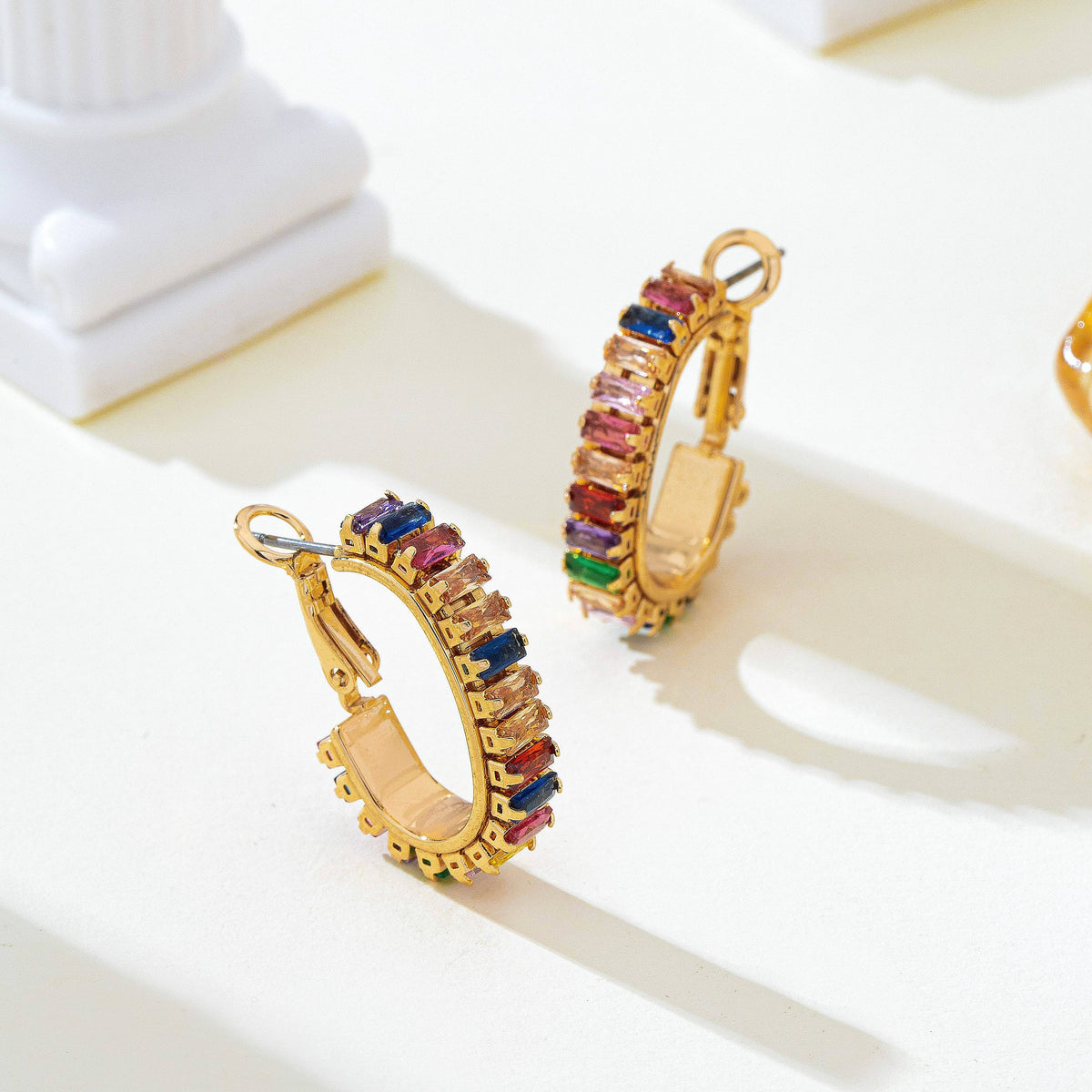 Multicolor Baguette Crystal Hoop Earrings-Gold