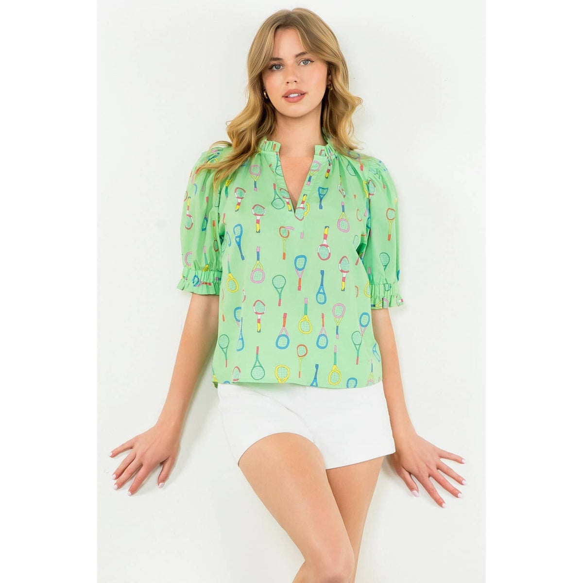 THML - Tennis Racket Print V-Neck Top-Lime