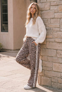 Leopard Print Wide Leg Pants with Side Stripe