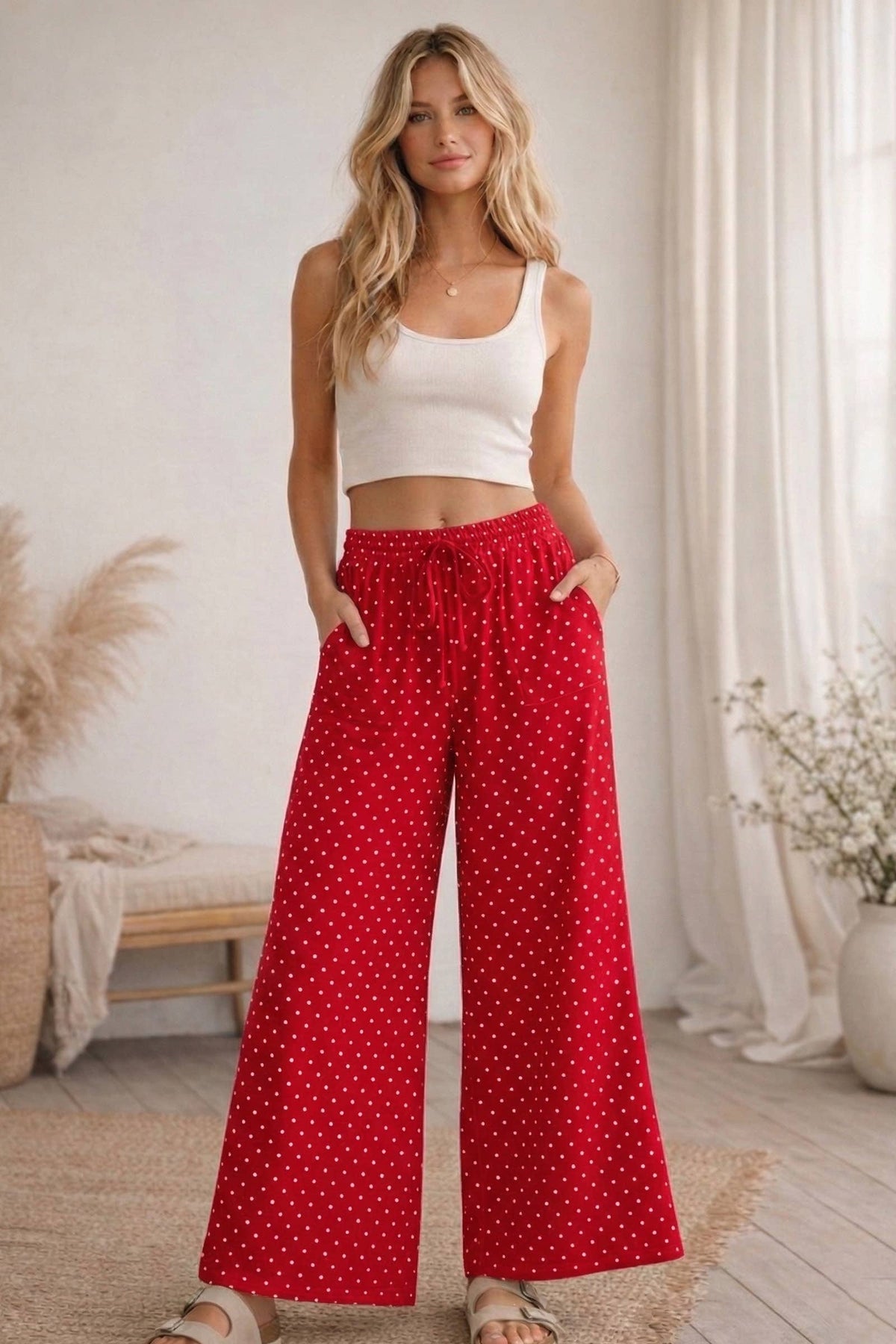 Relaxed Polka Dot Wide Leg Pants-Red/White