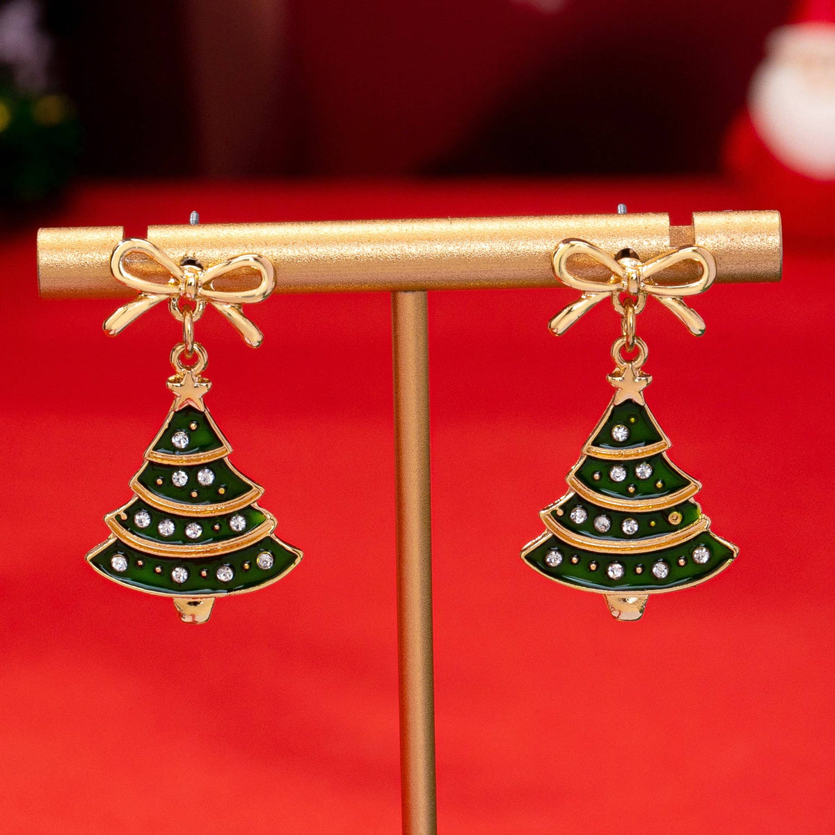Christmas Tree & Bow Dangle Earrings-Gold