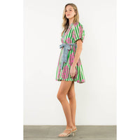 THML - Tie Waist Puff Sleeve Print Dress-Green
