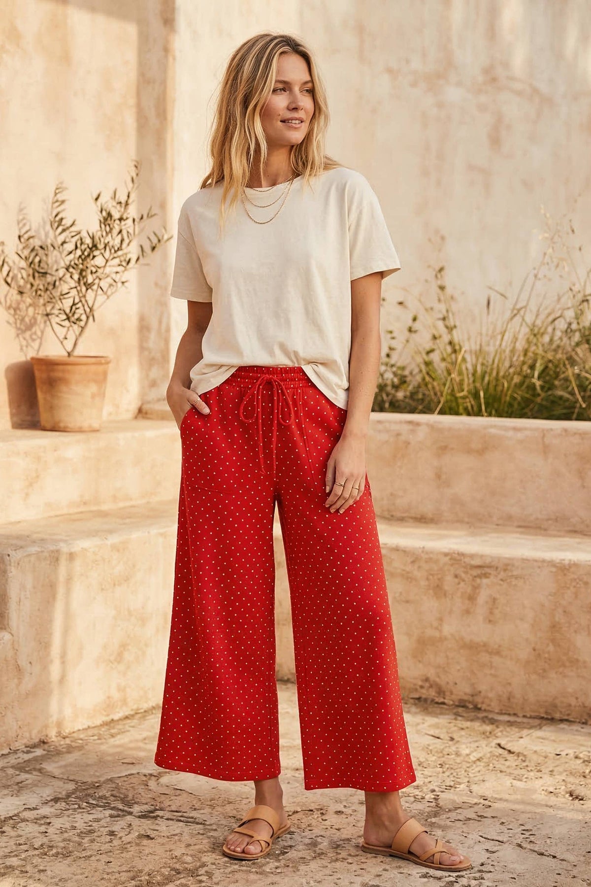 Relaxed Polka Dot Wide Leg Pants-Red/White