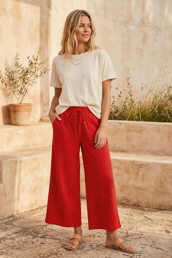 Relaxed Polka Dot Wide Leg Pants-Red/White