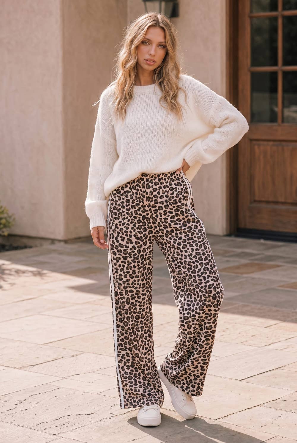 Leopard Print Wide Leg Pants with Side Stripe